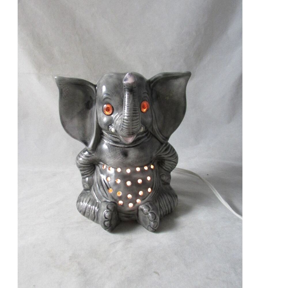 Ceramic Elephant Figural Accent Light Pierced Tummy Vintage